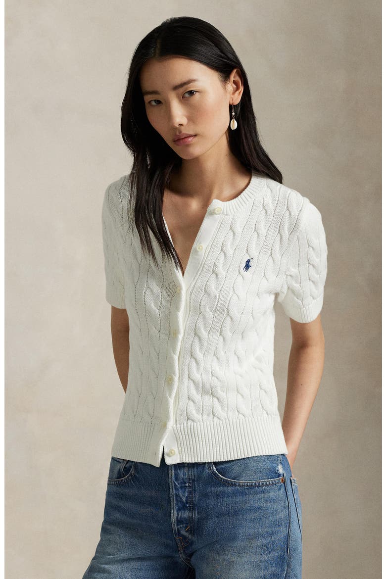 Cable Knit Short Sleeve Cotton Cardigan, Alternate, color, WHITE