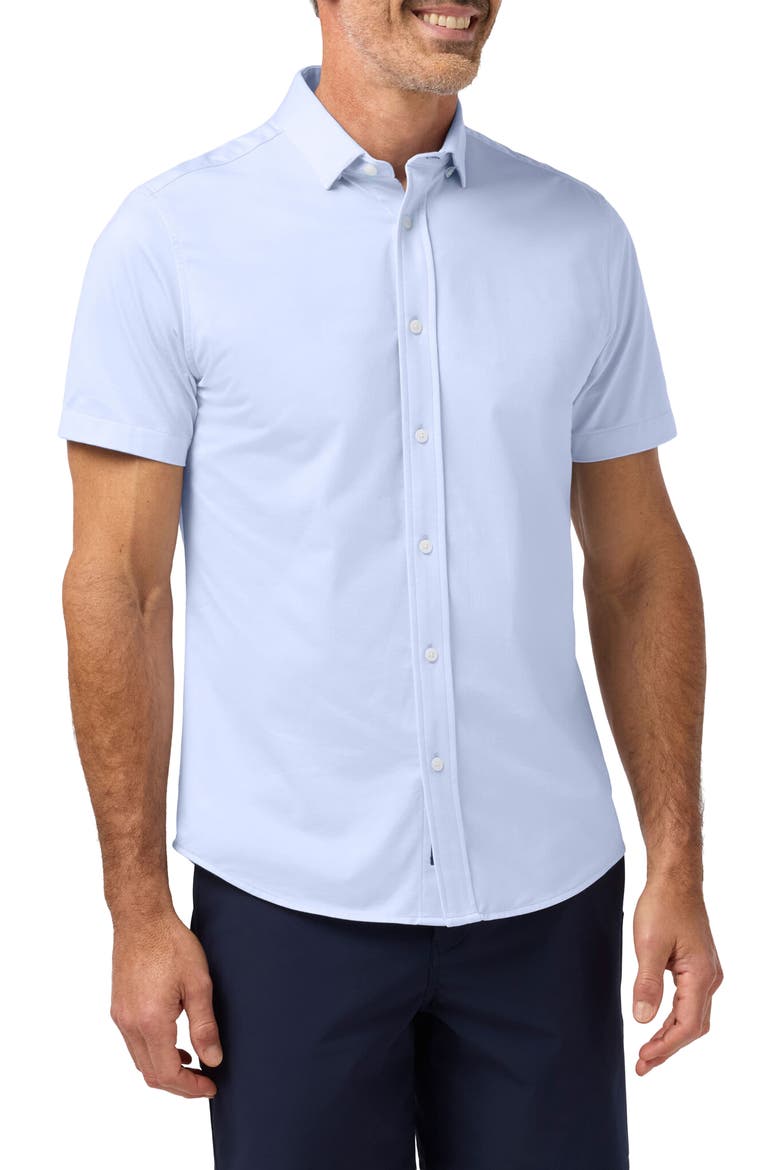Newport Solid Short Sleeve Knit Cotton Blend Button-Up Shirt, Main, color, CLOUD BLUE
