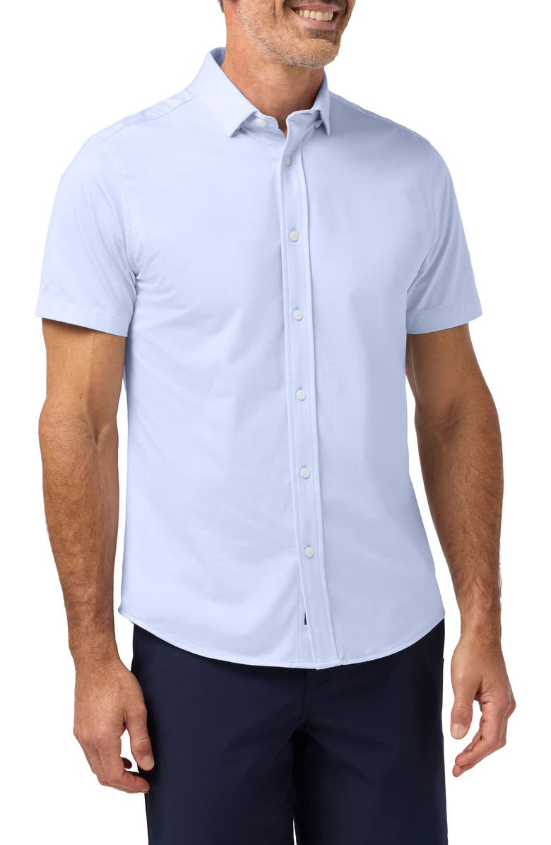 Mizzen+Main Newport Solid Short Sleeve Knit Cotton Blend Button-Up Shirt, Main, color, Cloud Blue
