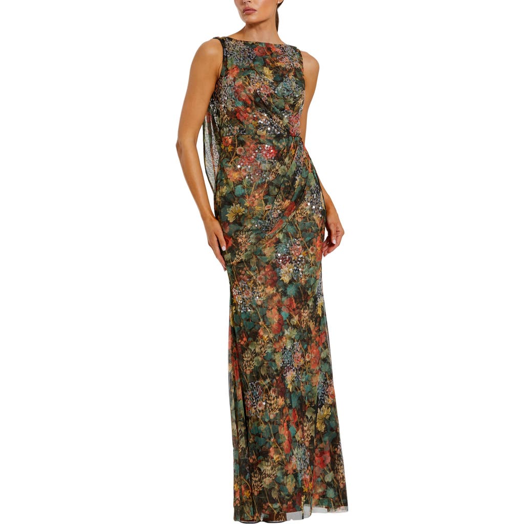 Mac Duggal High Neck Printed Mesh Cowl Back Column Gown In Multi