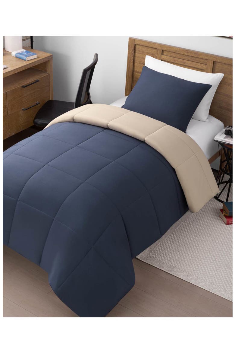 Reversible Box Stitch Comforter & Sham Set, Alternate, color, VINTAGE BLUE INDIGO/ TAN