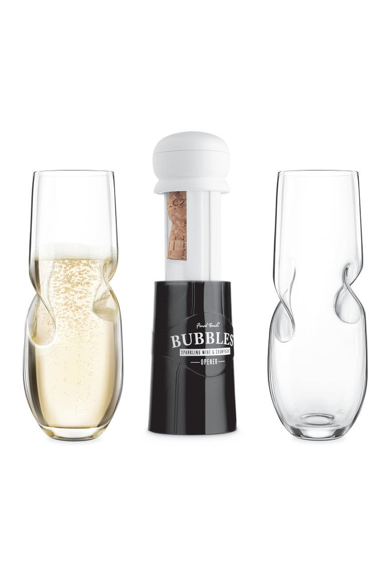 Bubbles Sparkling, Champagne, Bubbly Glass Set with Opener - 10 oz, Main, color, Clear