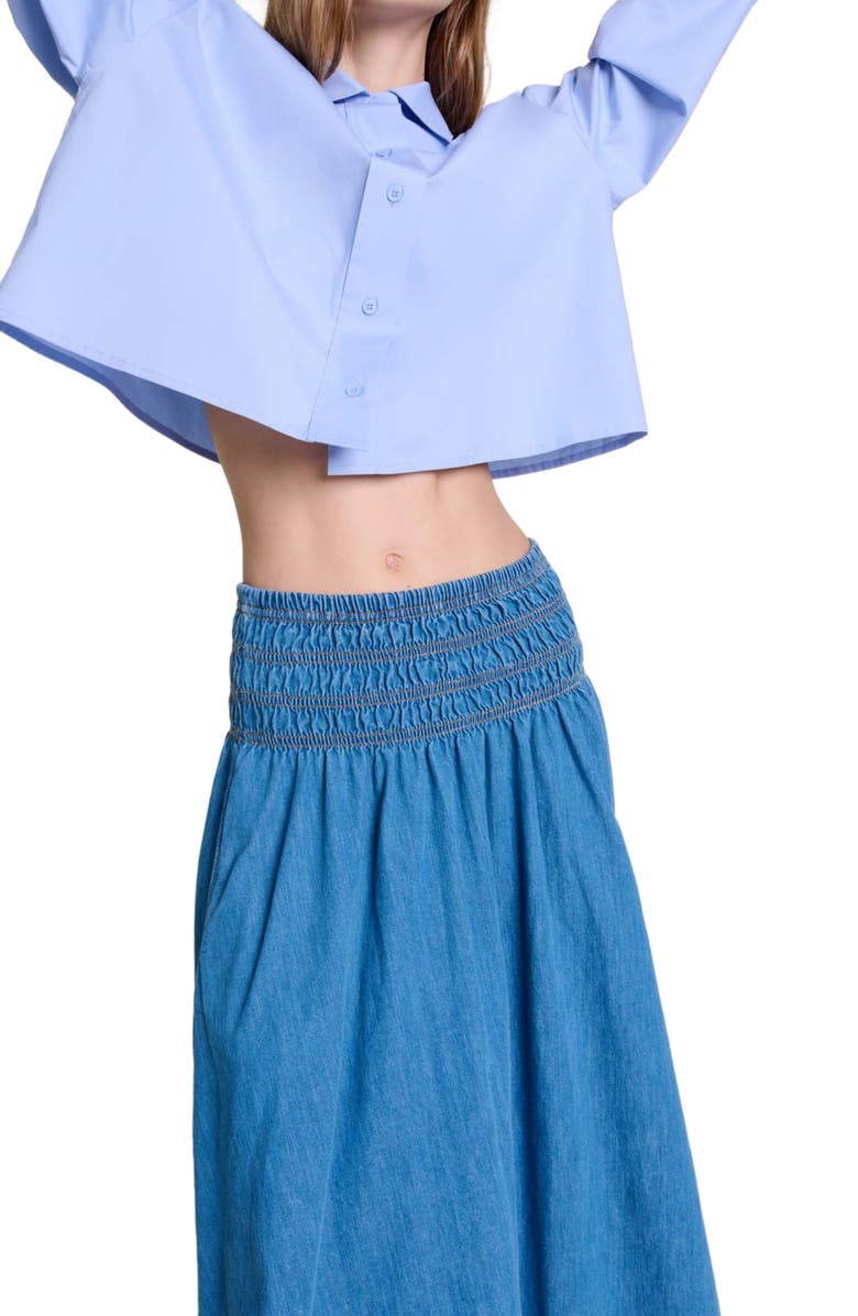 maje Smocked denim skirt, Alternate, color, 