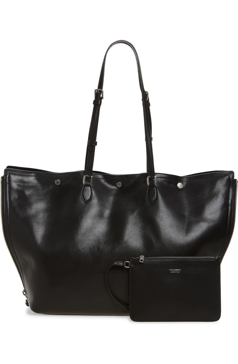 Dolce&Gabbana Atene Side Zip Leather Shopper, Alternate, color, 80999 Nero