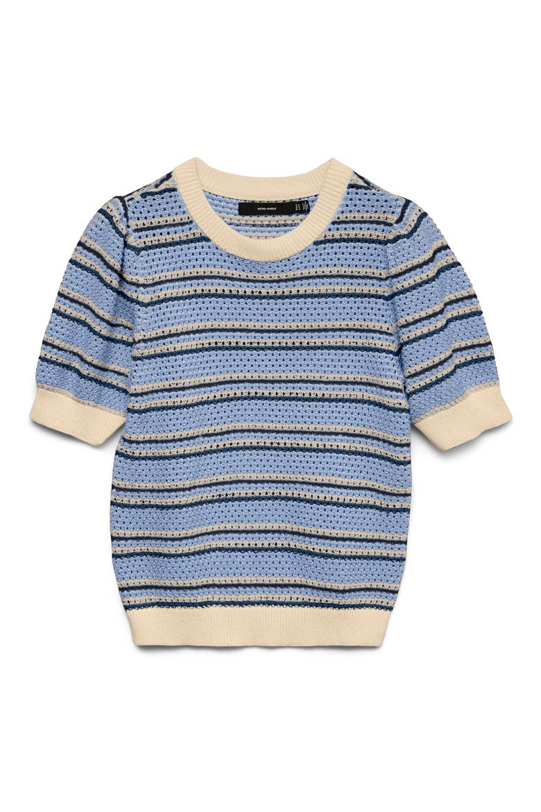 Rita Stripe Short Sleeve Cotton Sweater, Alternate, color, BIRCH STRIPES BRUNNE
