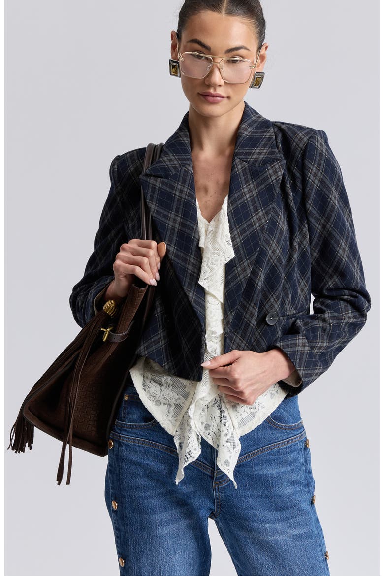 Plaid Double Breasted Cropped Blazer, Alternate, color, NAVY PLAID ARGYLE