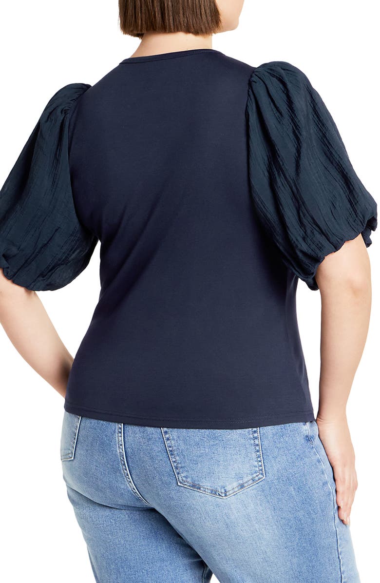 City Chic Kiki Puff Sleeve Mixed Media Top, Alternate, color, Navy