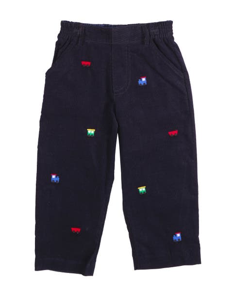 Corduroy Fake Fly Pants with Allover Embroidery