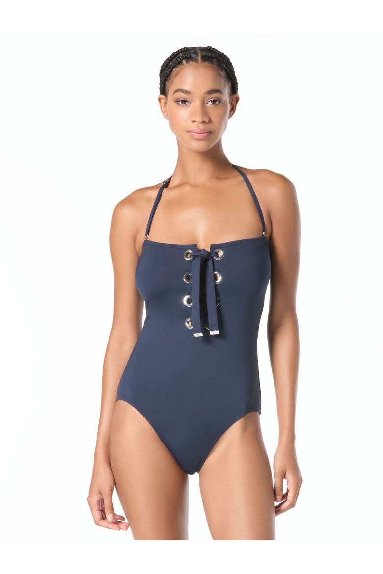 Grommet Solids Bandeau Lace Up One-Piece Swimsuit, Alternate, color, New Navy