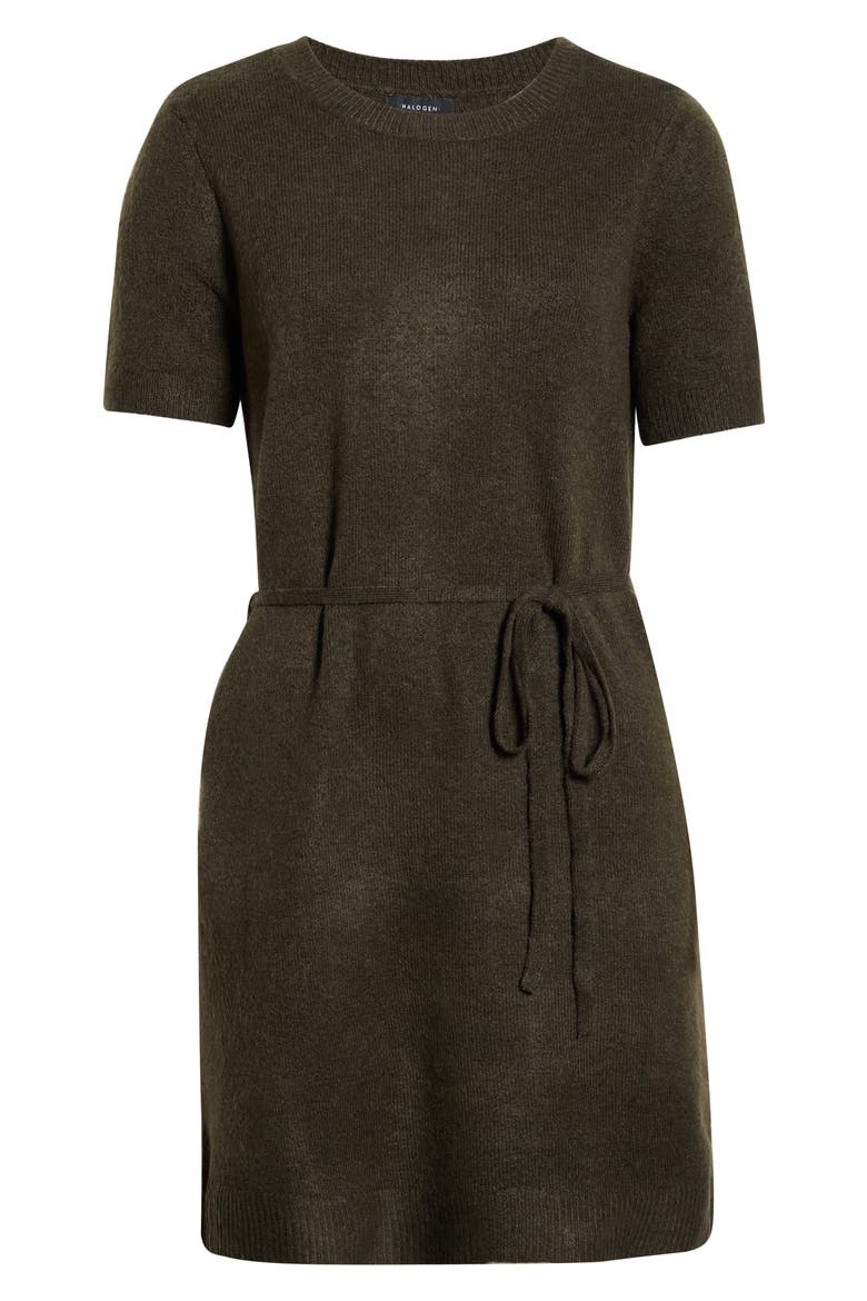 Short Sleeve Tie Waist Sweater Dress, Alternate, color, DEEP OLIVE