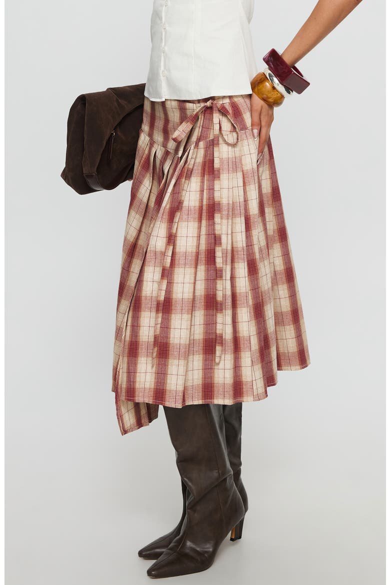 Norie Pleated Cotton Wrap Skirt, Alternate, color, RED PLAID