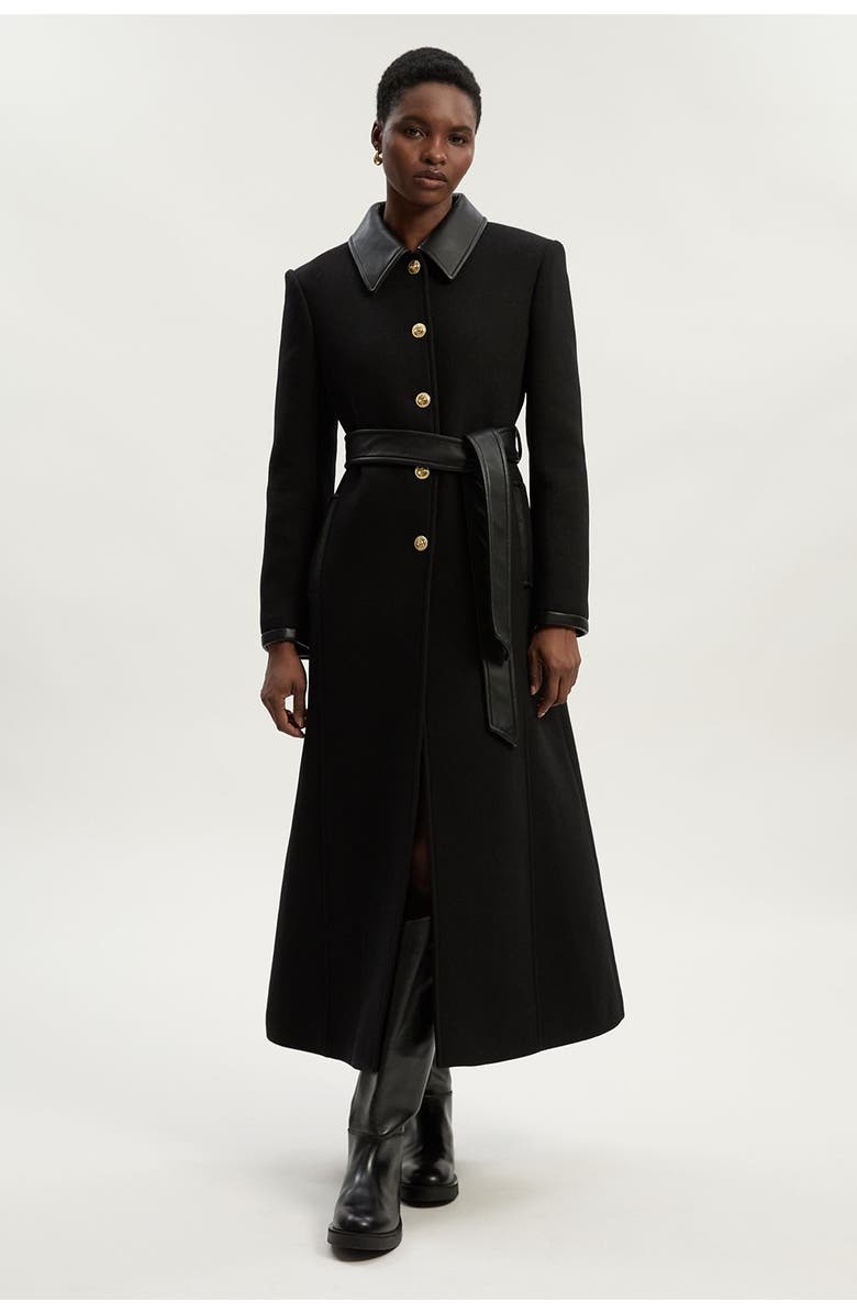 Karen Millen Wool Pu Mix Belted Tailored Maxi Coat, Main, color, Black