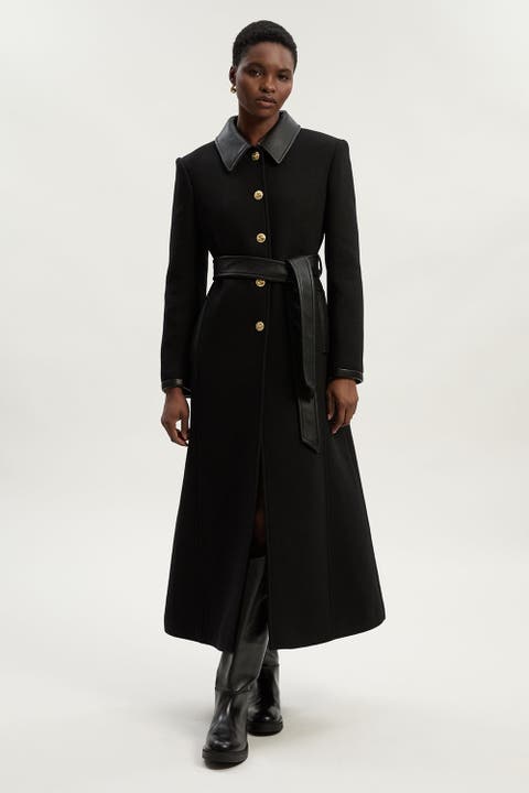 Wool Pu Mix Belted Tailored Maxi Coat