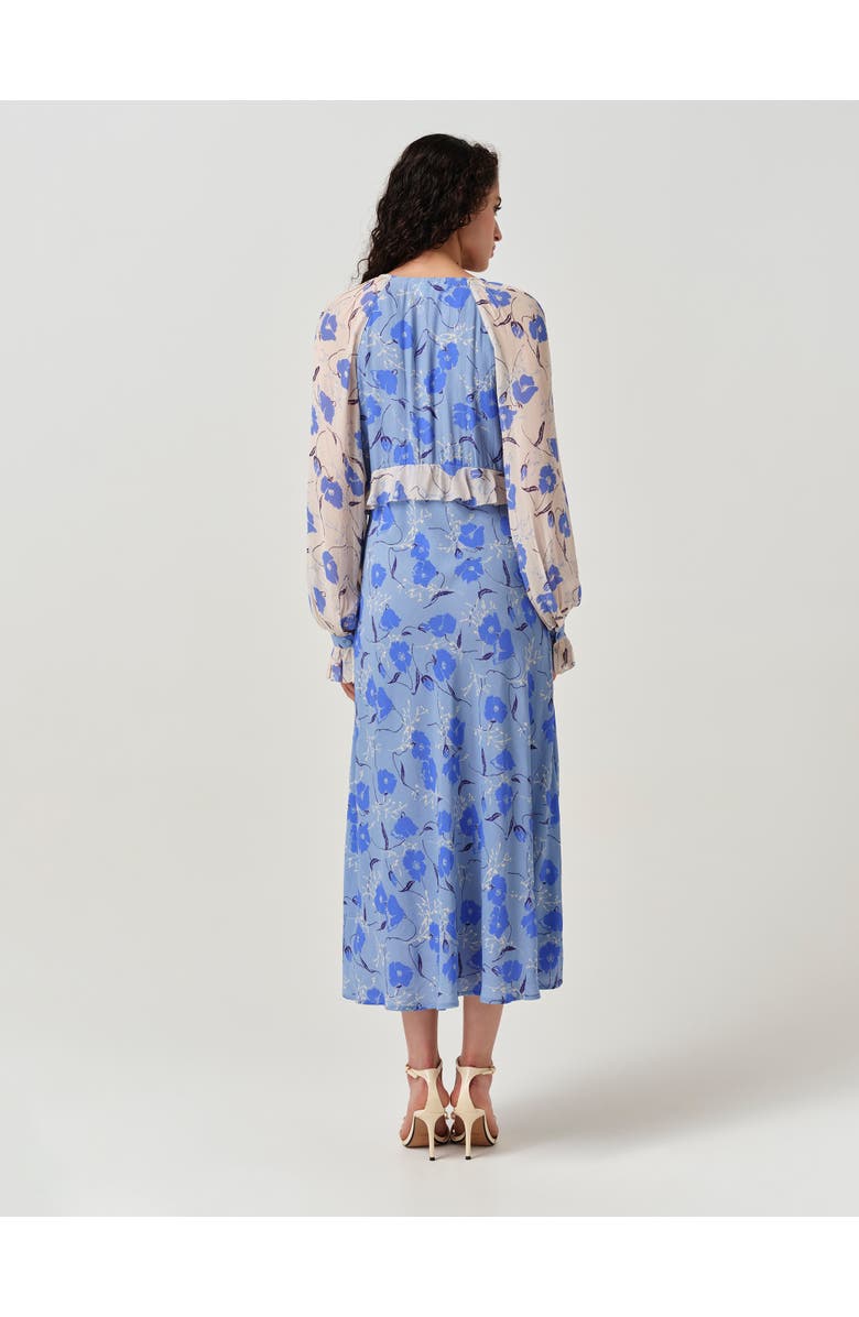 Ghost London Naomi Floral Longsleeve Frill Midi Dress, Alternate, color, Blue Poppies