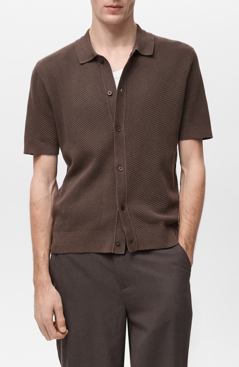 MANGO Openwork Short Sleeve Cotton Button-Up Shirt, Main, color, Chocolate