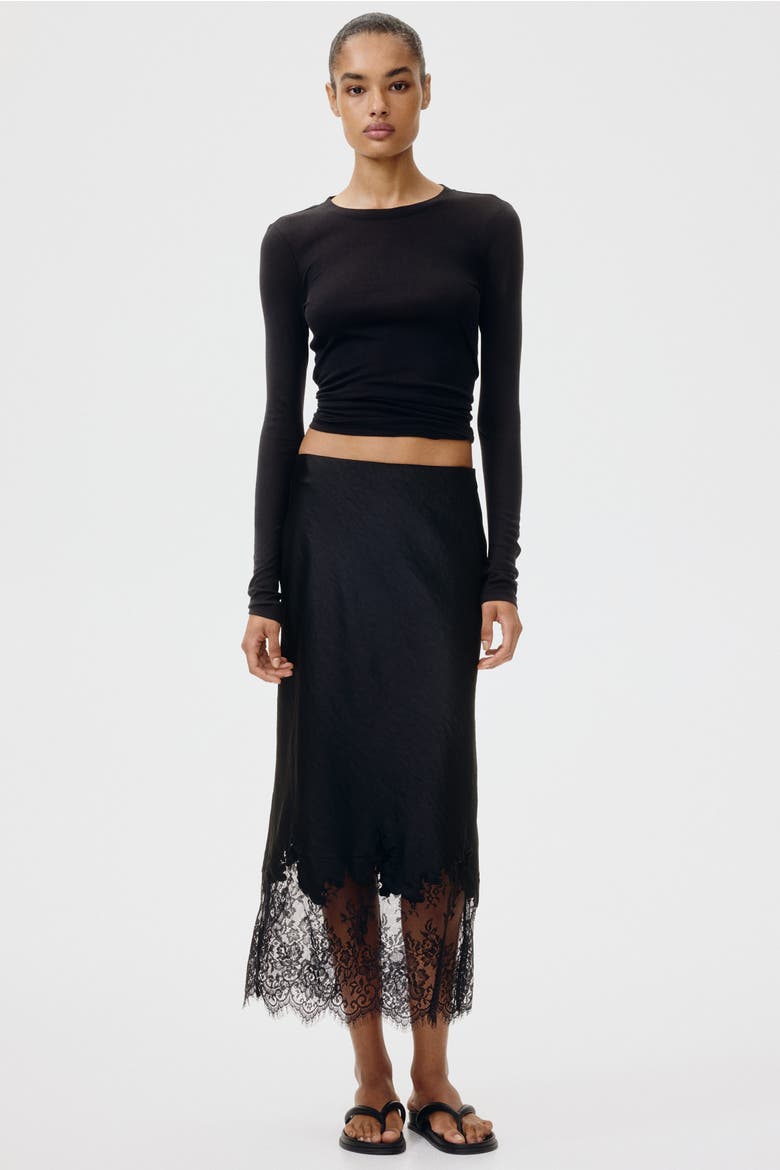 Lace-trimmed Satin Skirt, Alternate, color, Black