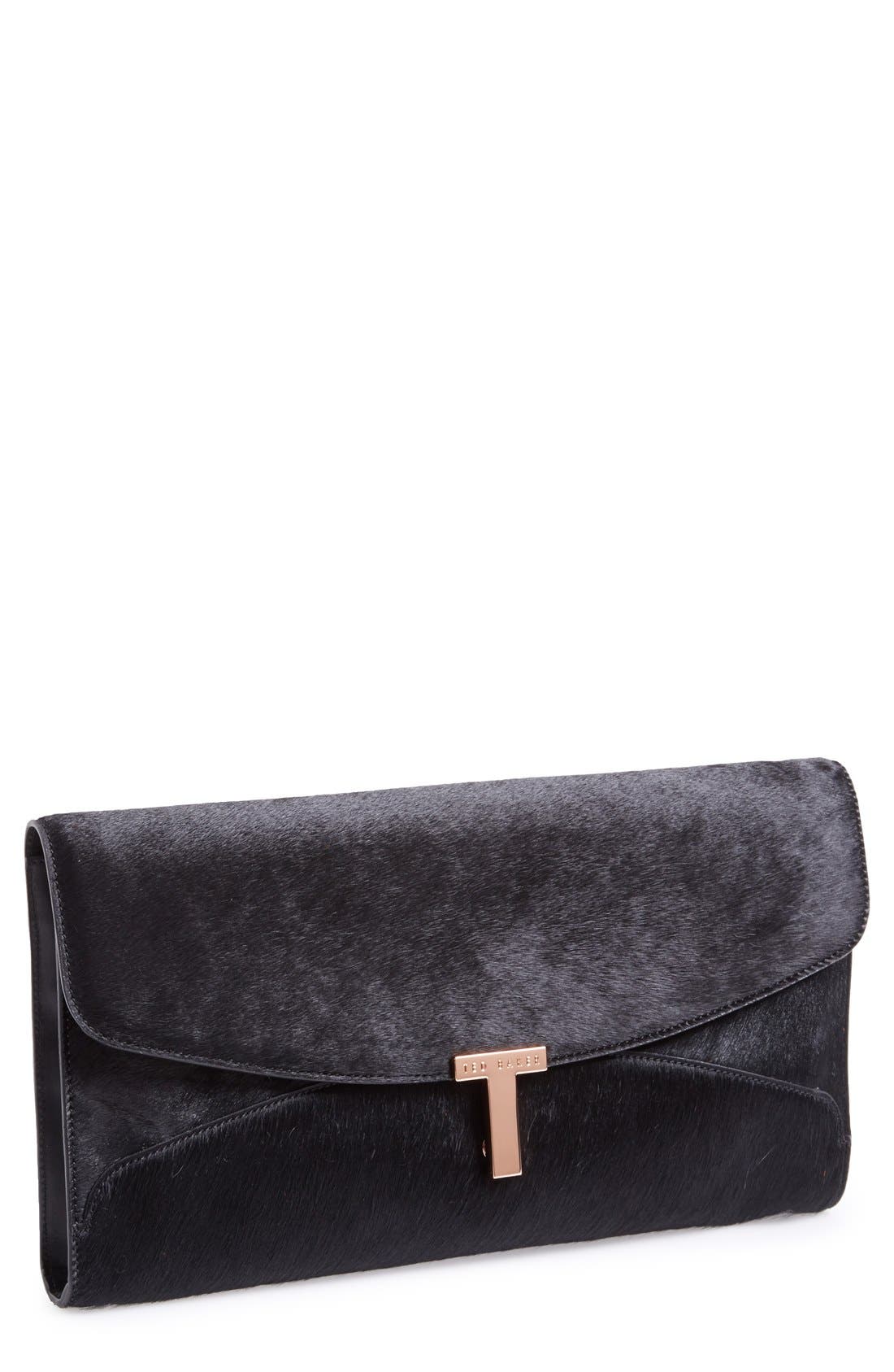 'T Clasp - Maxi' Calf Hair Clutch, Main, color, BLACK