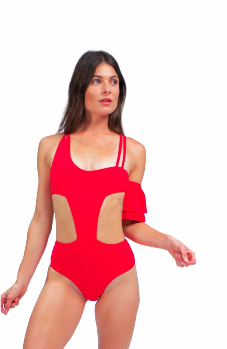 Mary Mercedes Rafa One Piece Swimsuit With Ruffle Sleeve, Alternate, color, Red