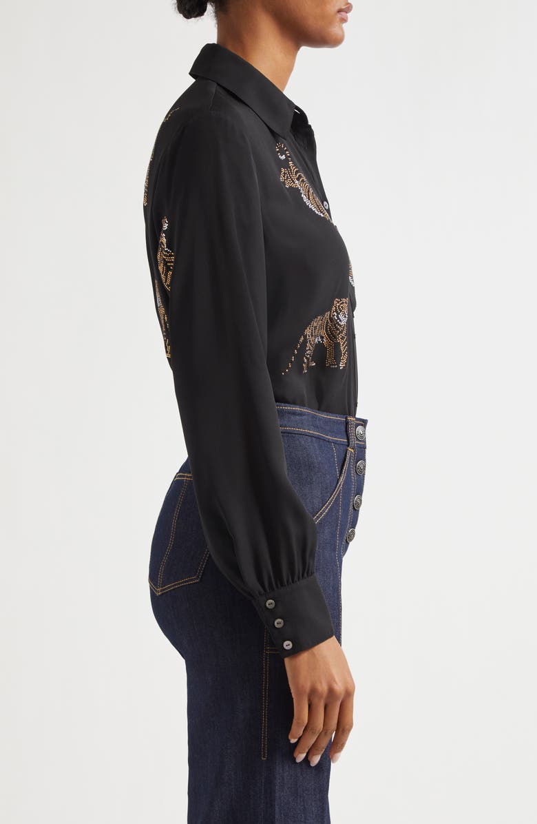Cinq à Sept Blanche Beaded Tiger Detail Satin Button-Up Shirt, Alternate, color,