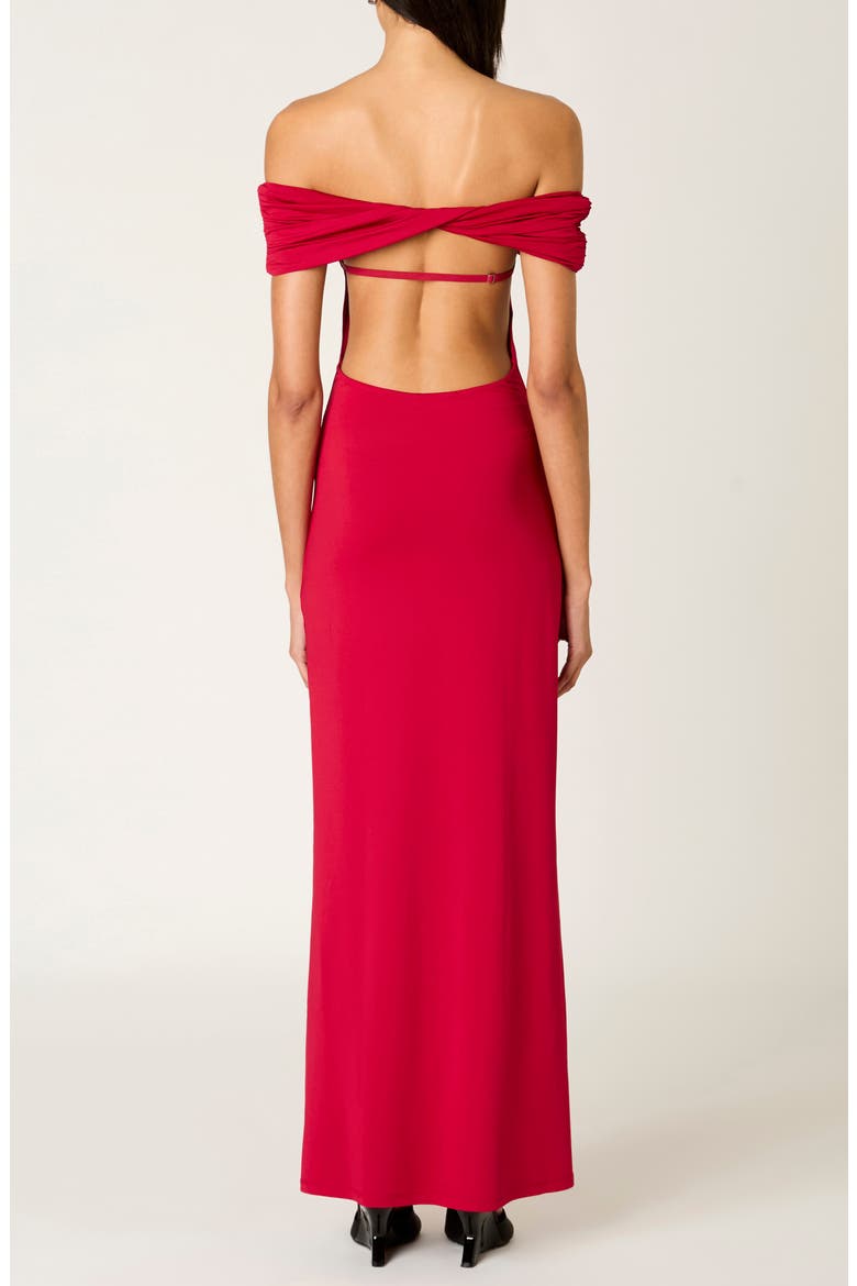 Evangeline Off the Shoulder Open Back Maxi Dress, Alternate, color, CRIMSON