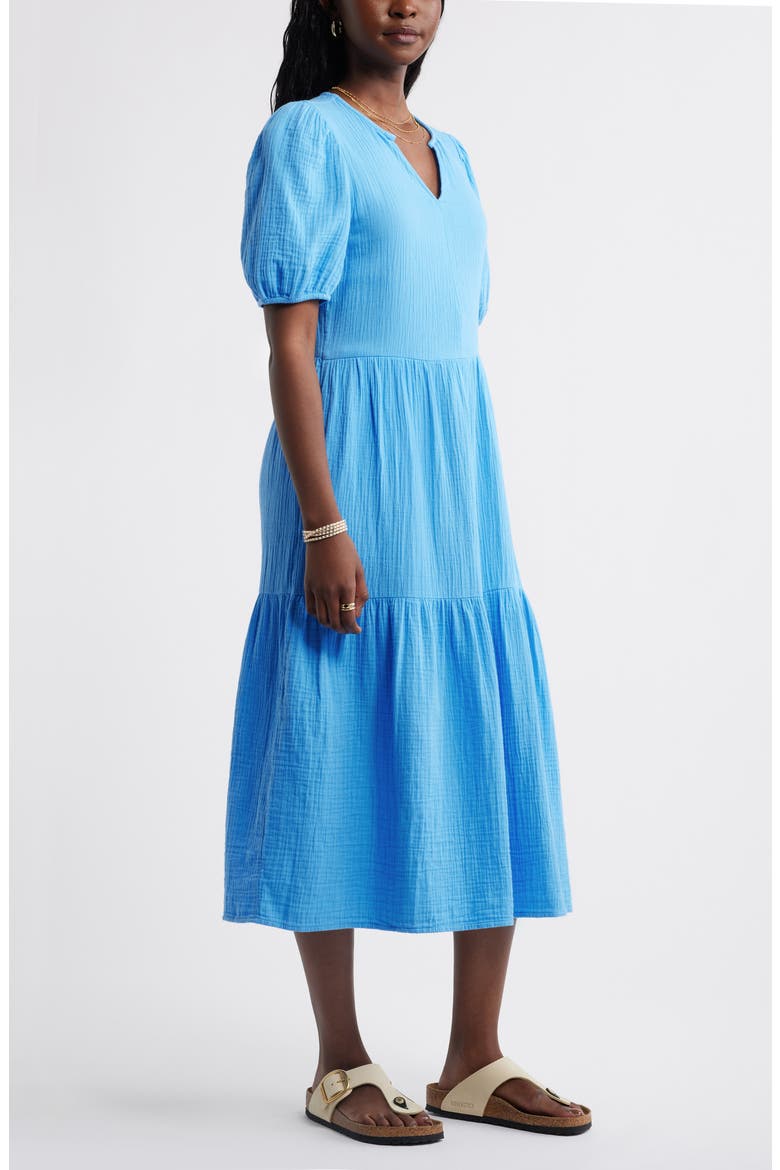Puff Sleeve Tiered Cotton Gauze Midi Dress, Alternate, color, BLUE MAYA