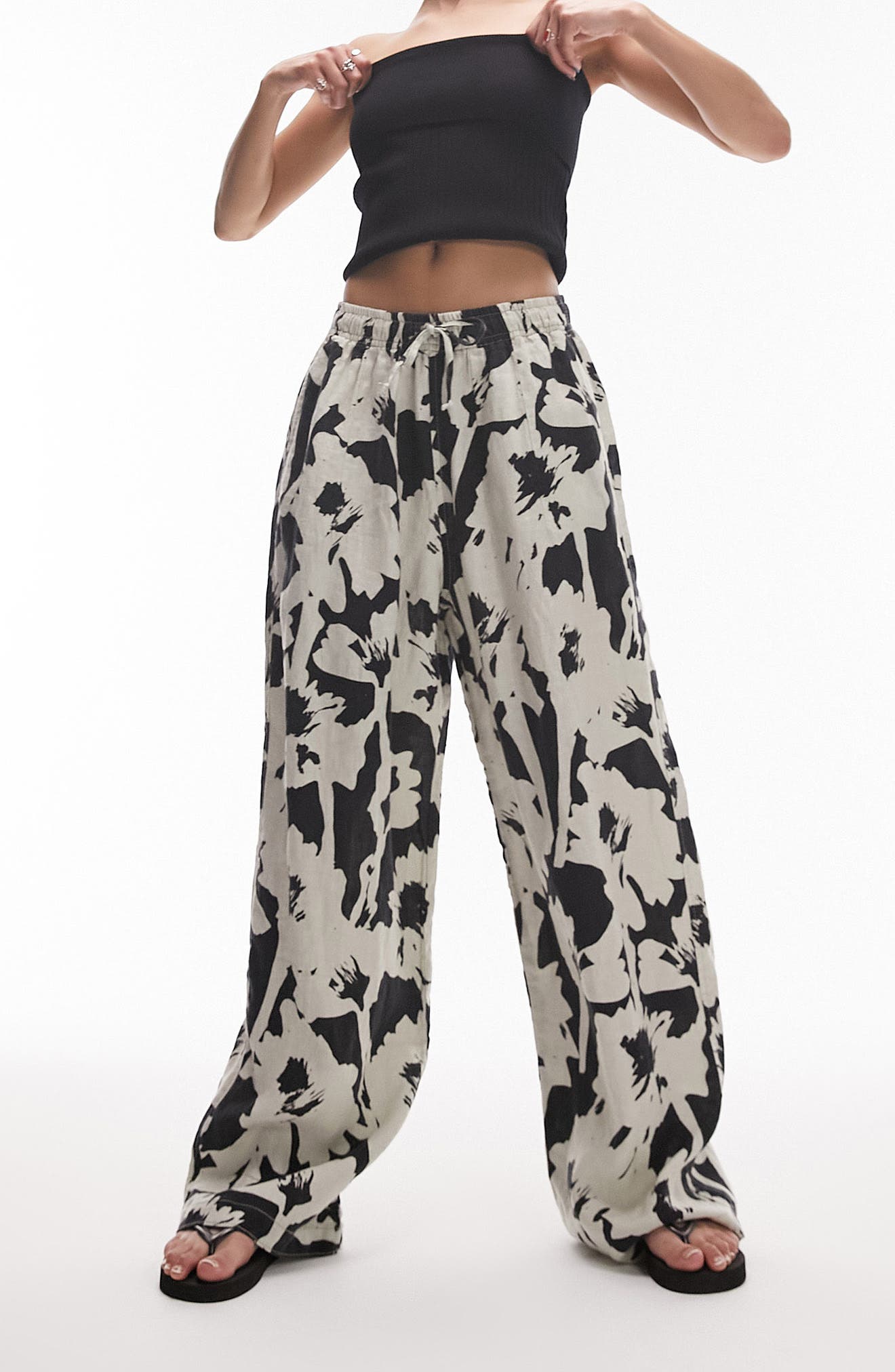 Topshop Floral Linen Drawstring Pants