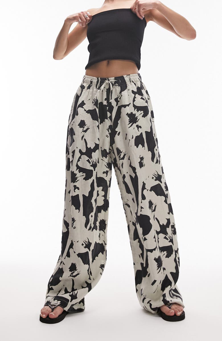 Topshop Floral Linen Drawstring Pants, Main, color, White Multi