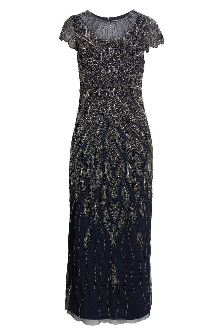 Beaded Cap Sleeve Column Gown, Alternate, color, NAVY