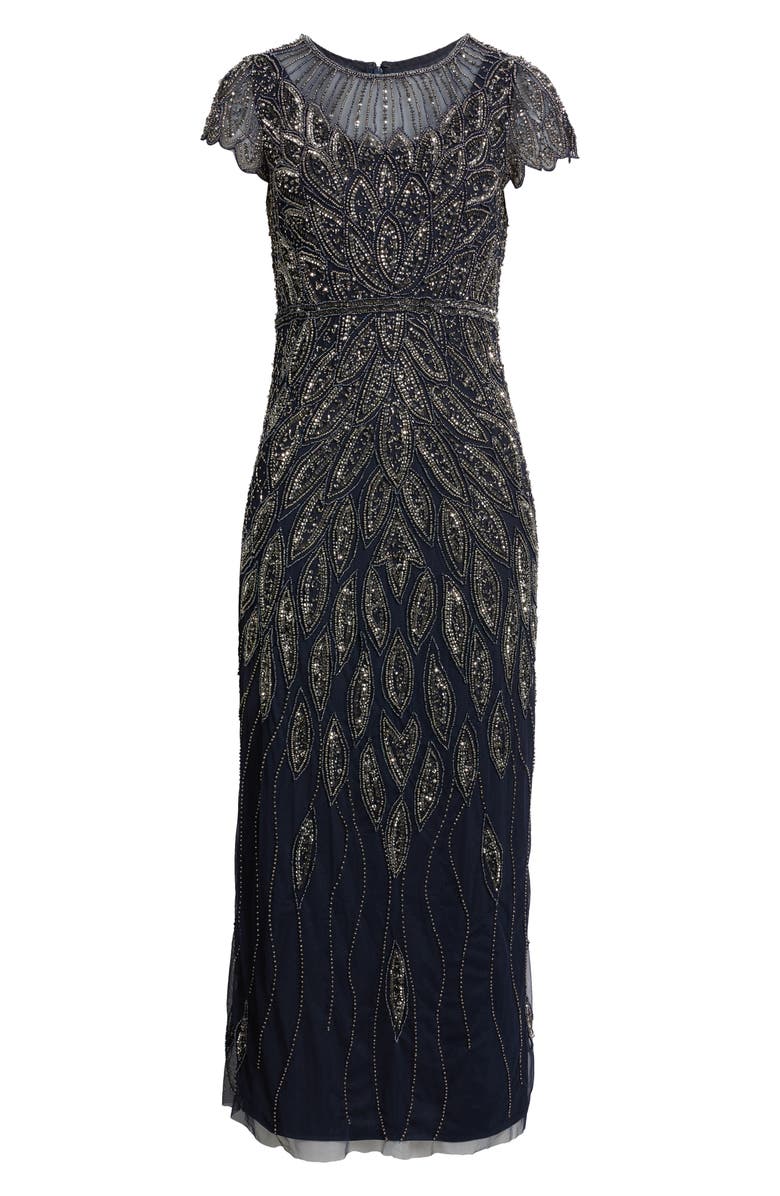 Pisarro Nights Beaded Cap Sleeve Column Gown, Alternate, color, Navy