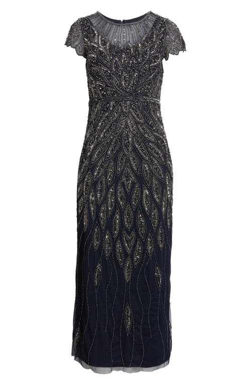Pisarro Nights Beaded Cap Sleeve Column Gown In Blue