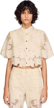 SANDRO Cropped floral guipure shirt