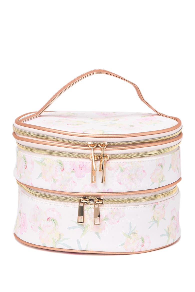 Oval Floral Print Triple Zipper Train Case, Main, color, PEONY