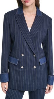 KARL LAGERFELD PARIS Denim Trim Striped Blazer