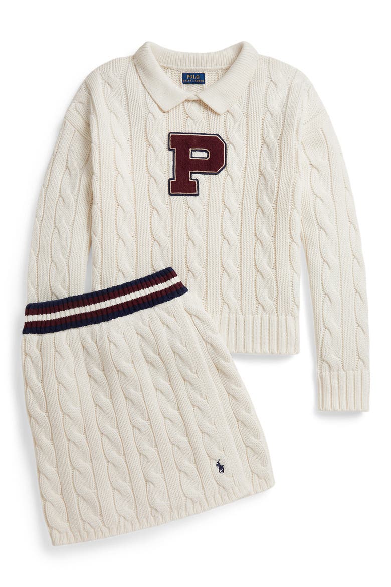 Kids' Cable Knit Cotton Polo Sweater, Alternate, color, WHITE