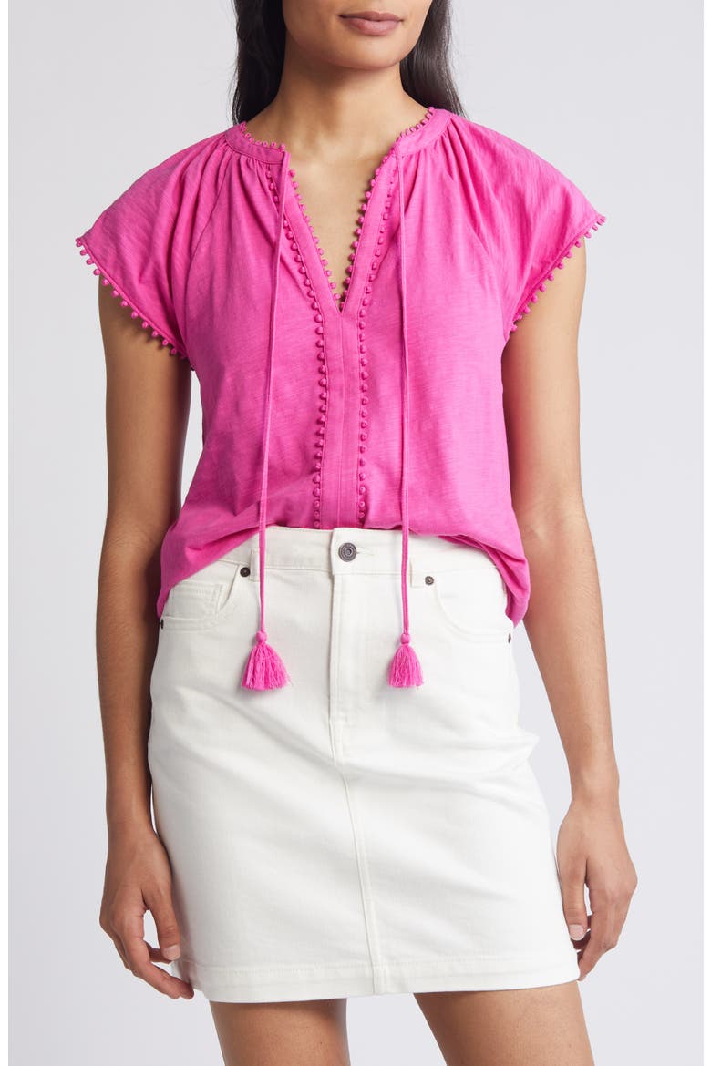 Millie Tassel Tie Short Sleeve Cotton Top, Main, color, ROSE VIOLET