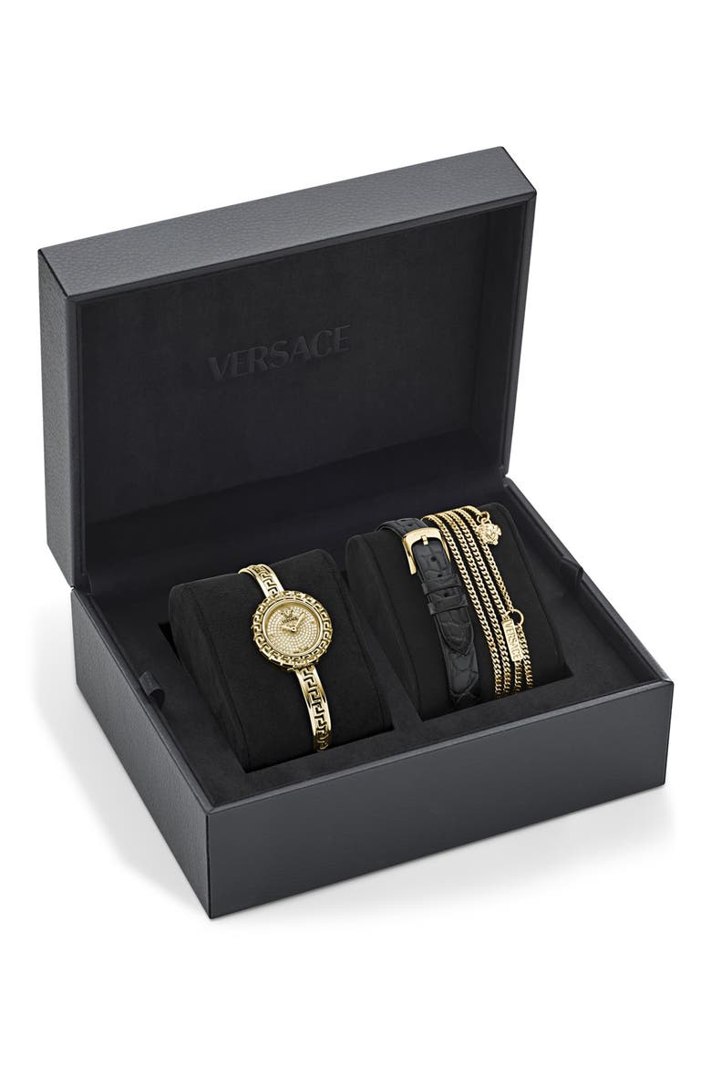 La Greca Diamond Bracelet Watch, Leather Strap & Pendant Chain Gift Set, 28mm, Alternate, color, YELLOW GOLD