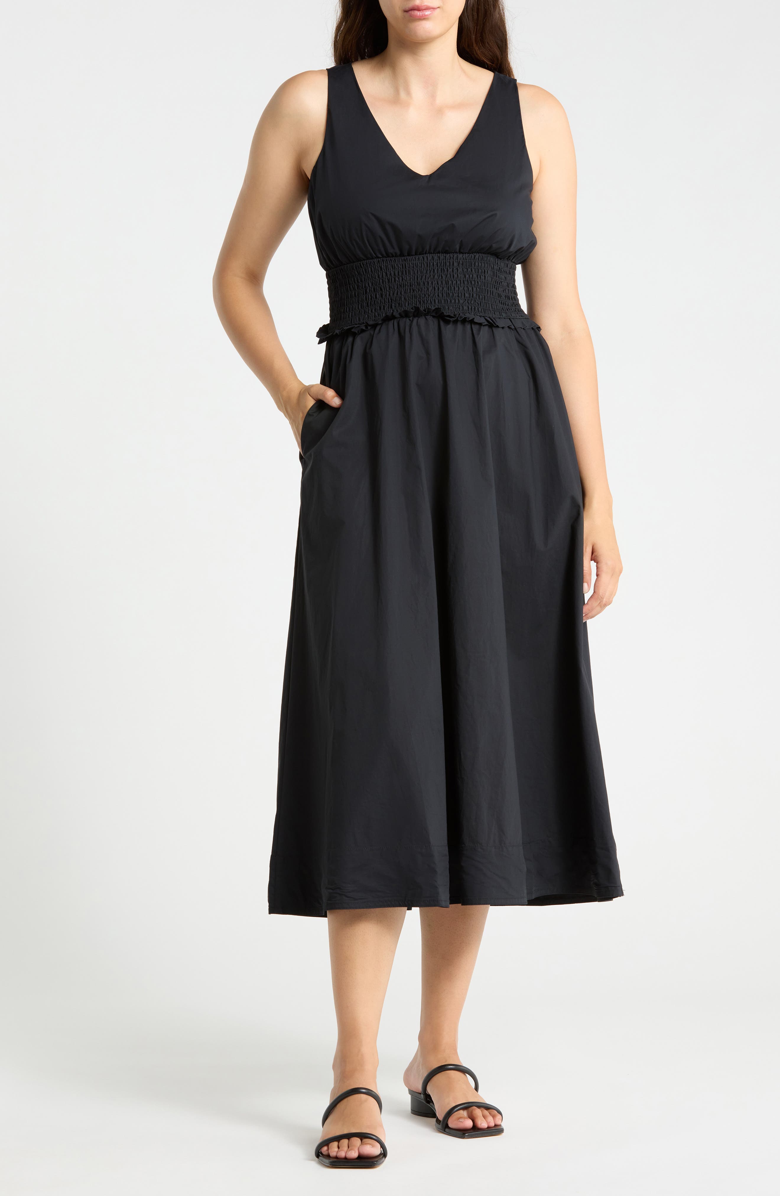 Cotton V-Neck Smocked Waist Dress