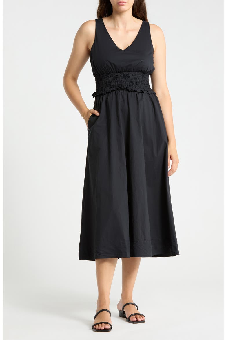 Cotton V-Neck Smocked Waist Dress, Main, color, BLACK