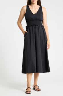 Cotton V-Neck Smocked Waist Dress