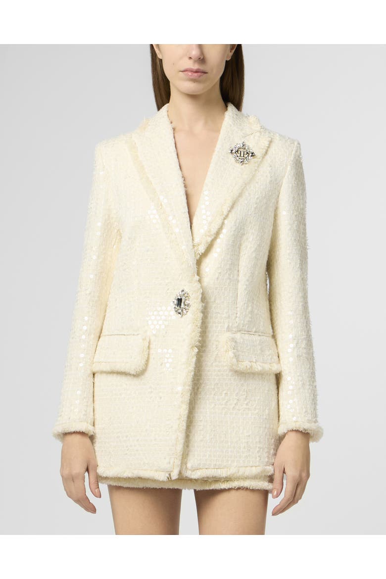 Tweed Boyfriend's Fit Blazer Paillettes Women, Main, color, white
