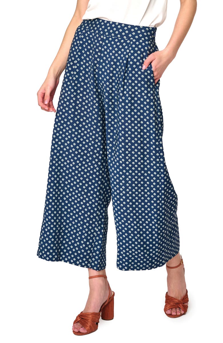 GIBSONLOOK Print Wide Leg Crop Pants, Main, color, Navy Daisy