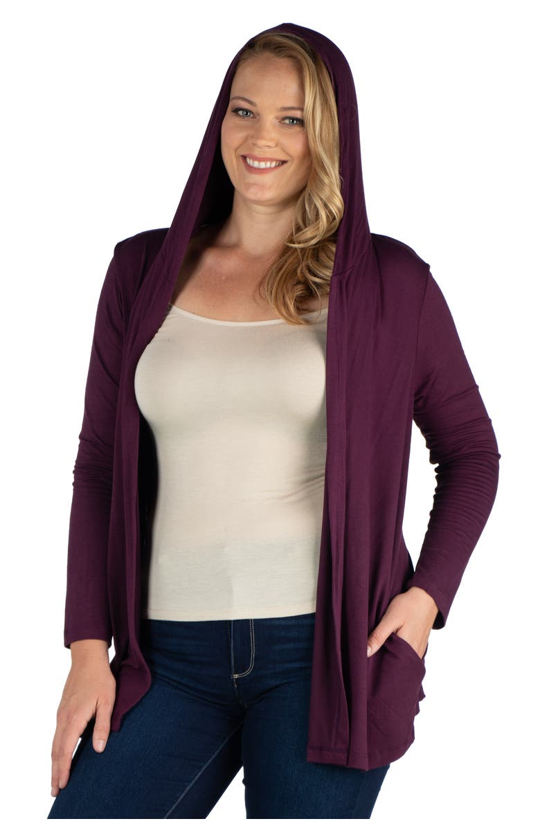 24seven Comfort Apparel Plus Size Open Front Lightweight Hooded  Cardigan, Alternate, color, Plum