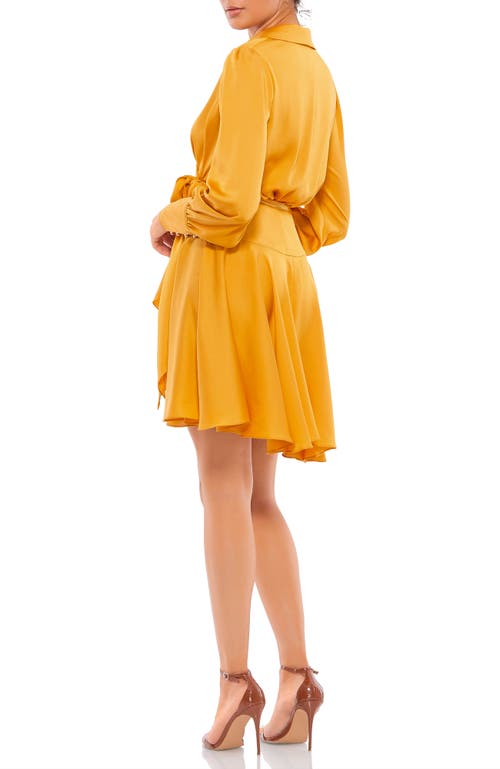 Mac Duggal Pleated High Low Short Wrap Dress In Marigold