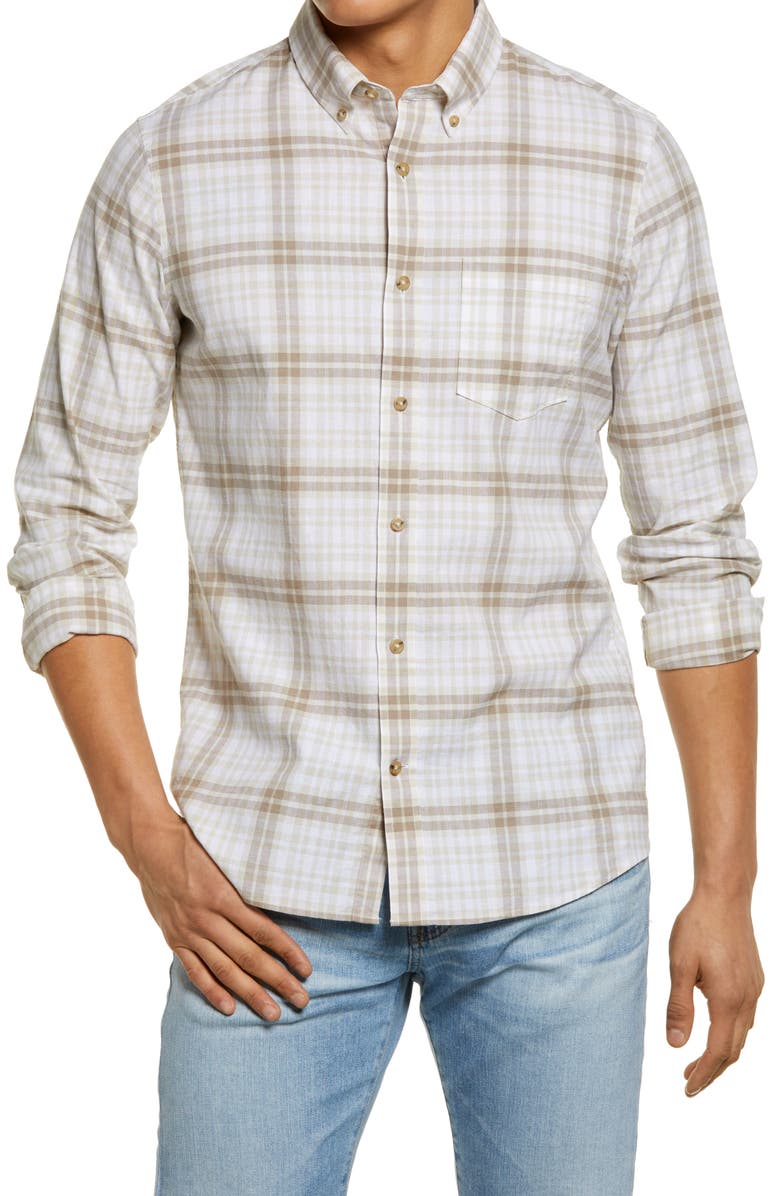 Nordstrom Trim Fit Plaid Stretch Cotton & Linen Button-Down Shirt, Main, color, 
