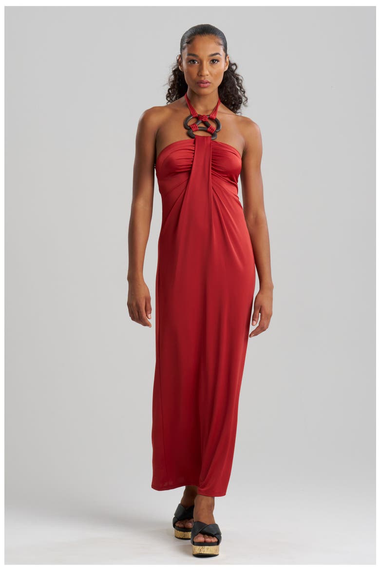 Solid Jersey Halter Dress w/ Hand Carved Wood Rings, Main, color, Red