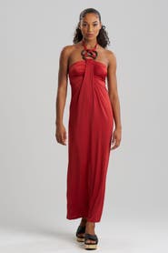 Natori Solid Jersey Halter Dress w/ Hand Carved Wood Rings
