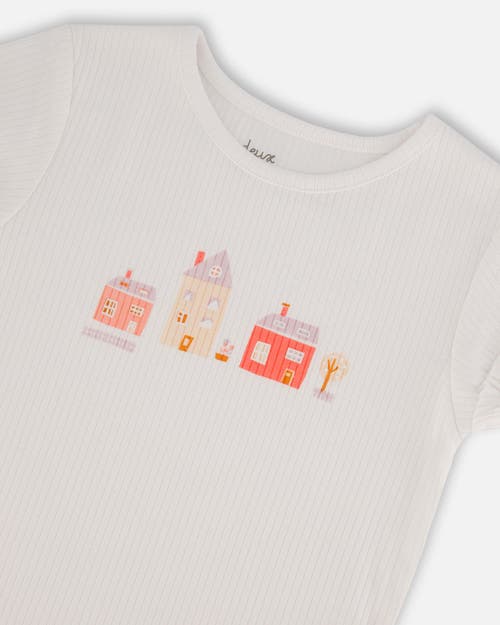 Deux Par Deux Girl's Flat Back Rib Top With Print White And Pink House In White And Pink House