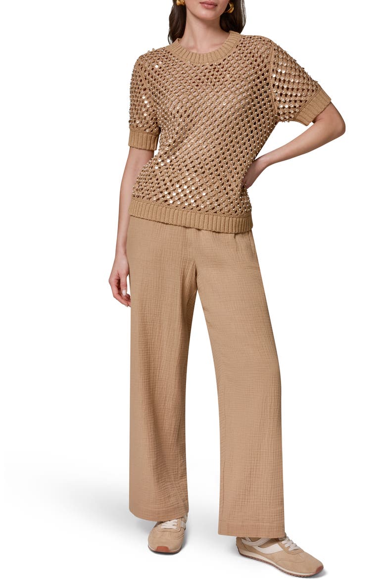 Pearl Detail Short Sleeve Sweater, Alternate, color, FAWN