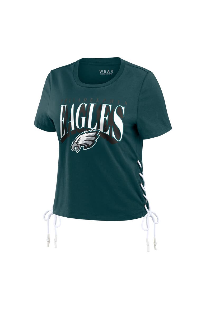 Women's WEAR by Erin Andrews Midnight Green Philadelphia Eagles Lace Up Side Modest Cropped T-Shirt, Alternate, color, Green