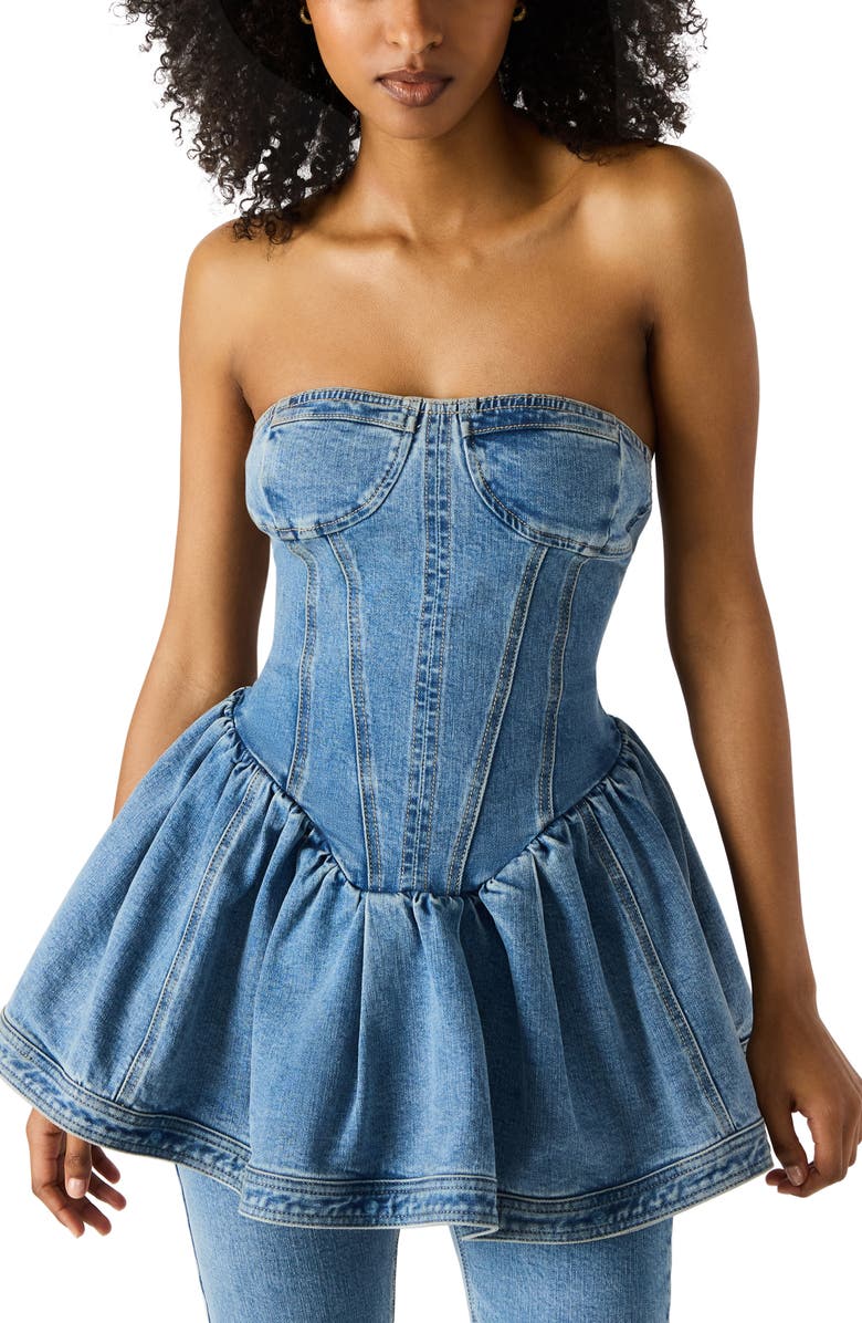 Steve Madden Rina Strapless Denim Peplum Top, Main, color, True Blue